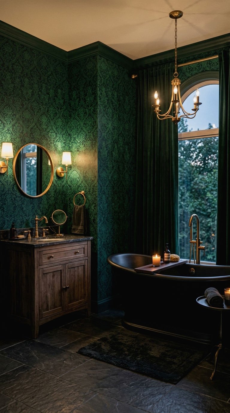 25. Moody and Dark Bathroom Wallpaper