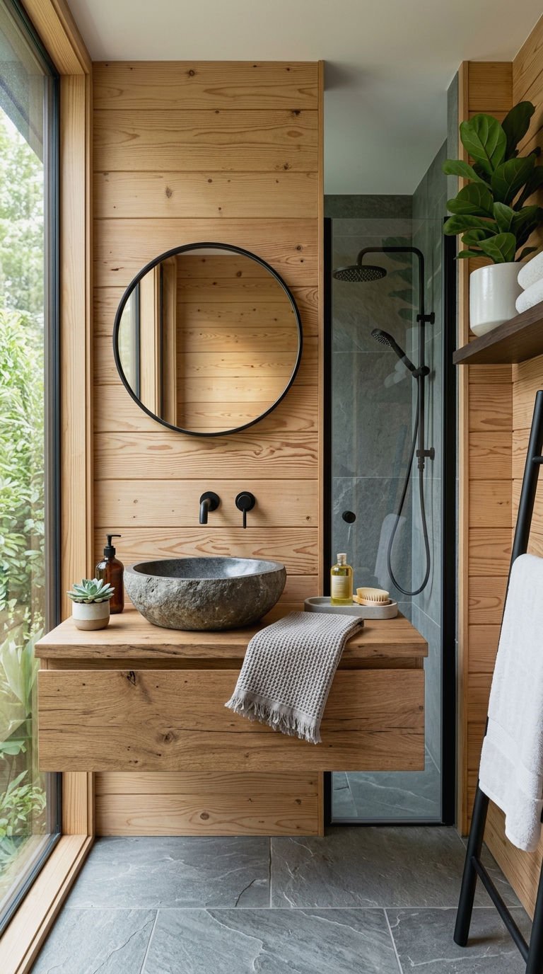 18. Natural Wood Shiplap Bathroom Walls