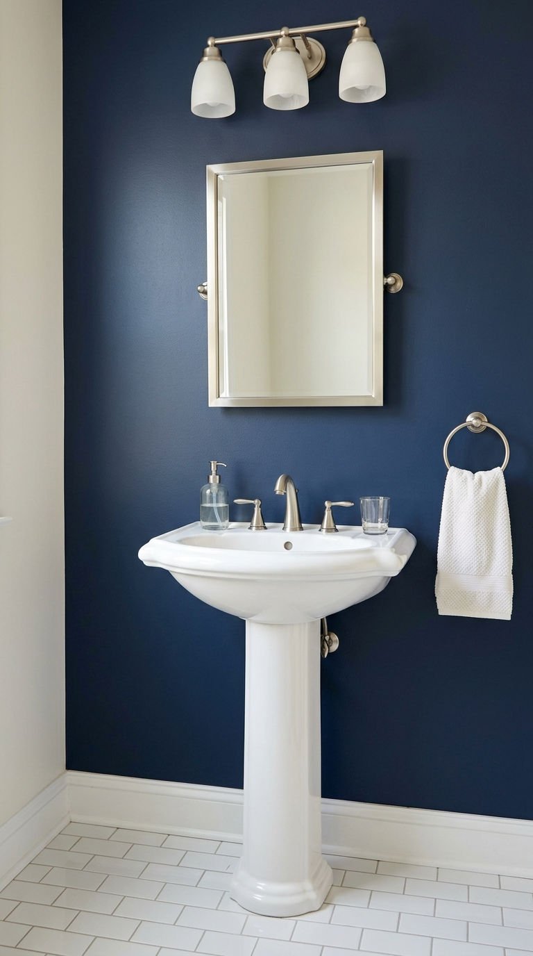 18 Bathroom Accent Wall Ideas That Actually Work 4 4. Navy and Blue Bathroom Accents