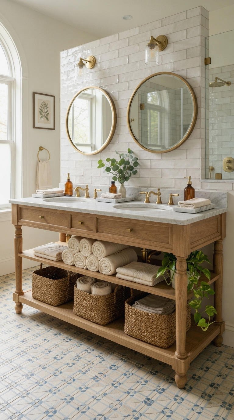 25. Open Shelf Double Sink Vanity Styling
