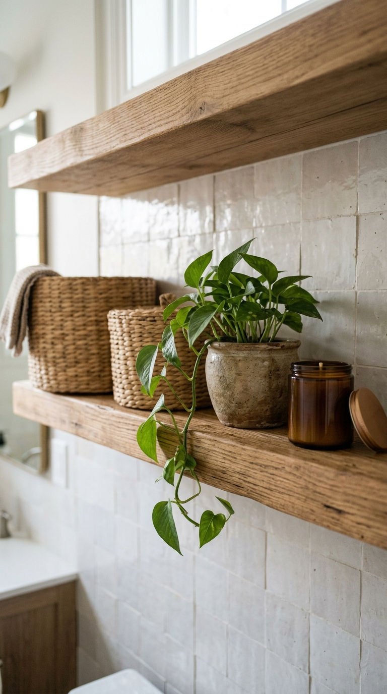 24 Bathroom Wall Shelves Ideas That Will Transform Your Space 21 21. Open Shelving Paired With Baskets