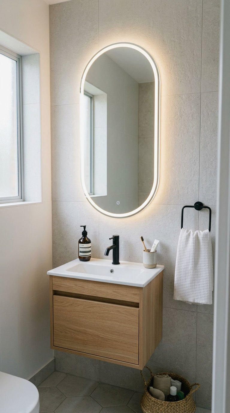 4. Oval Mirrors That Open Up Small Vanities