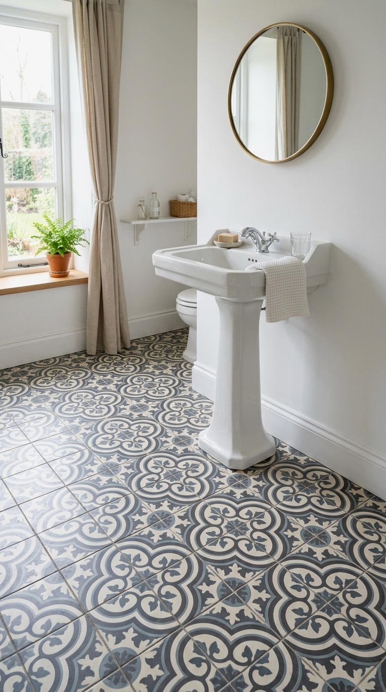15. Patterned Tile Around Pedestal Sink