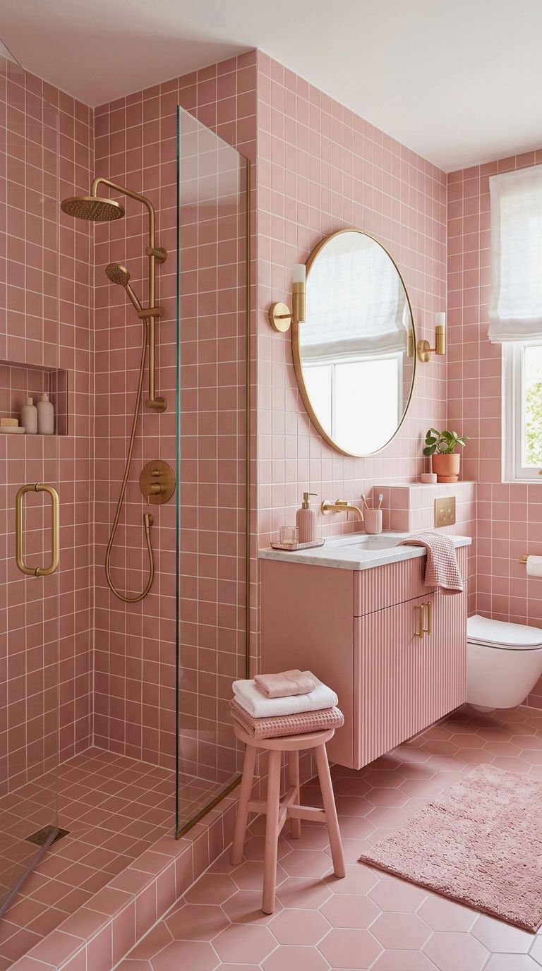 12. Pink Bathroom With Shower And Vanity