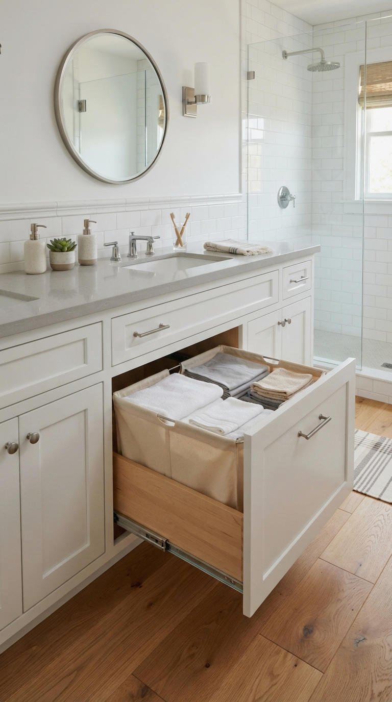 13. Practical Bathroom Vanity With Hamper Storage