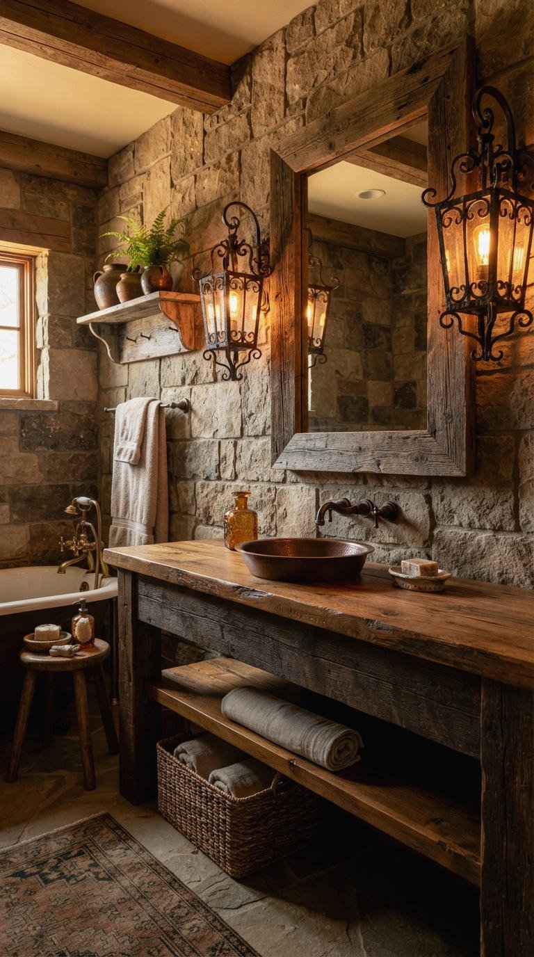 18. Rustic Bathroom Vanity Lighting Warmth