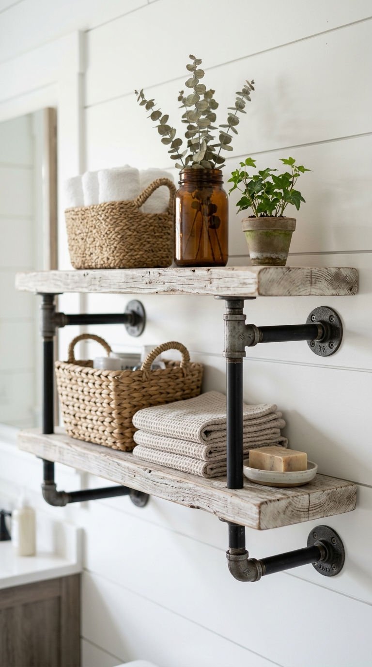 24 Bathroom Wall Shelves Ideas That Will Transform Your Space 9 9. Rustic Farmhouse Style Shelving