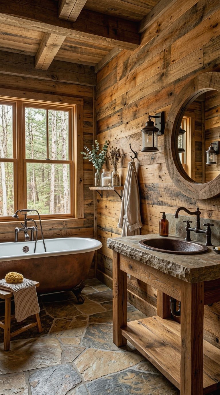 21 Wood Slat Wall Bathroom Ideas That Turn a Boring Room Into a Spa 19 19. Rustic Wood Slat Bathroom Wall Style