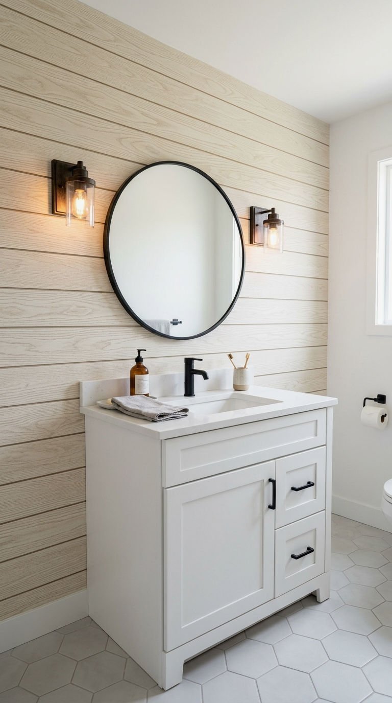 30. Shiplap Look Bathroom Wallpaper