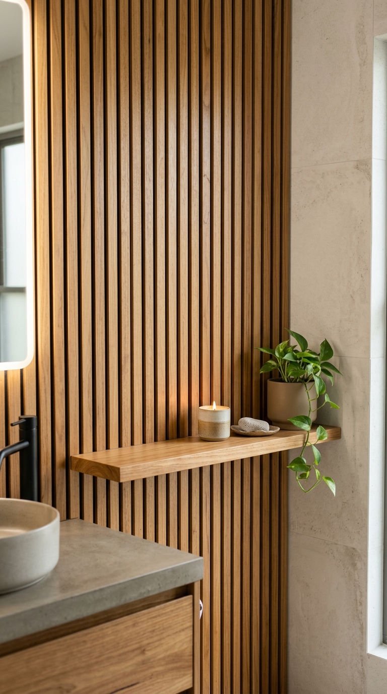 24 Bathroom Wall Shelves Ideas That Will Transform Your Space 15 15. Slatted Wall Panels With Shelves