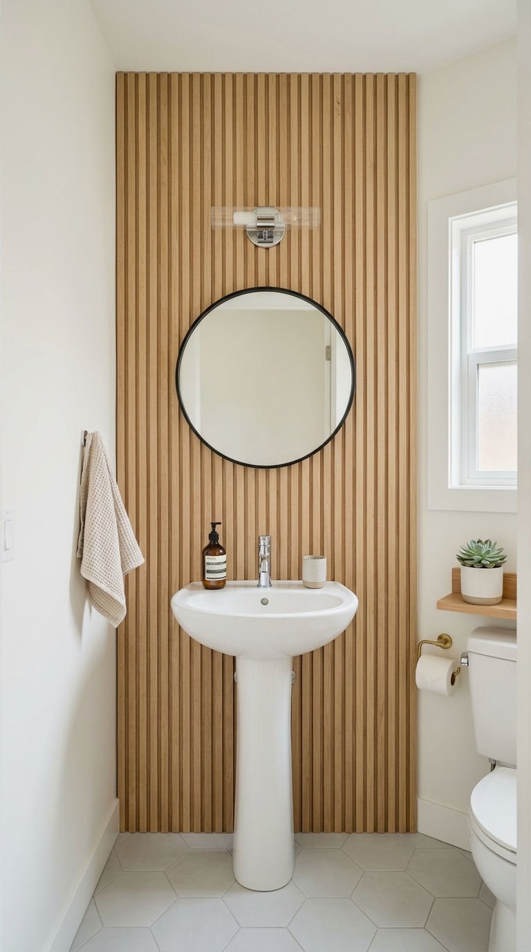 21 Wood Slat Wall Bathroom Ideas That Turn a Boring Room Into a Spa 11 11. Small Bathroom Wood Slat Accent Wall
