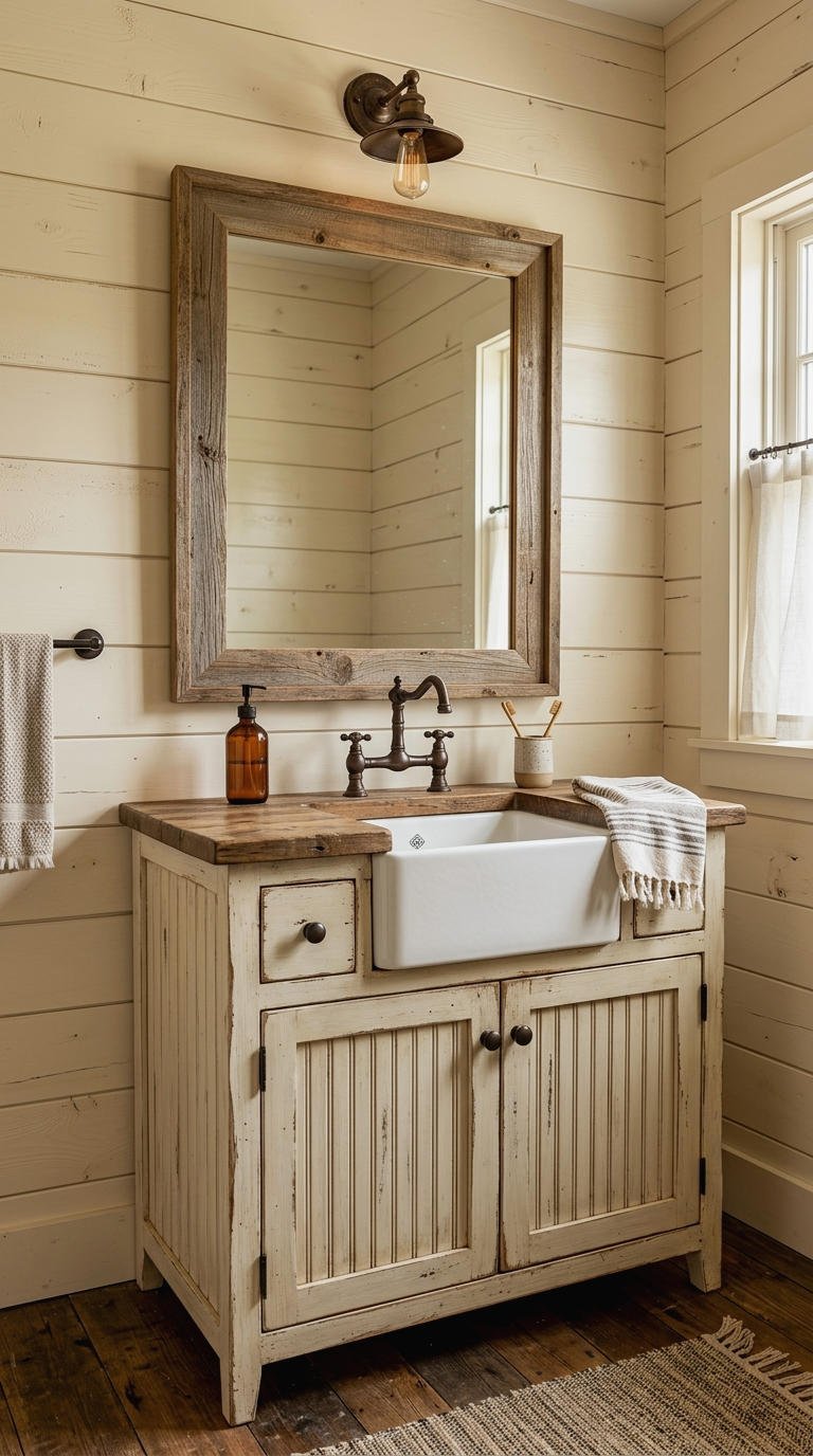 18. Small Farmhouse Vanity With Rustic Charm