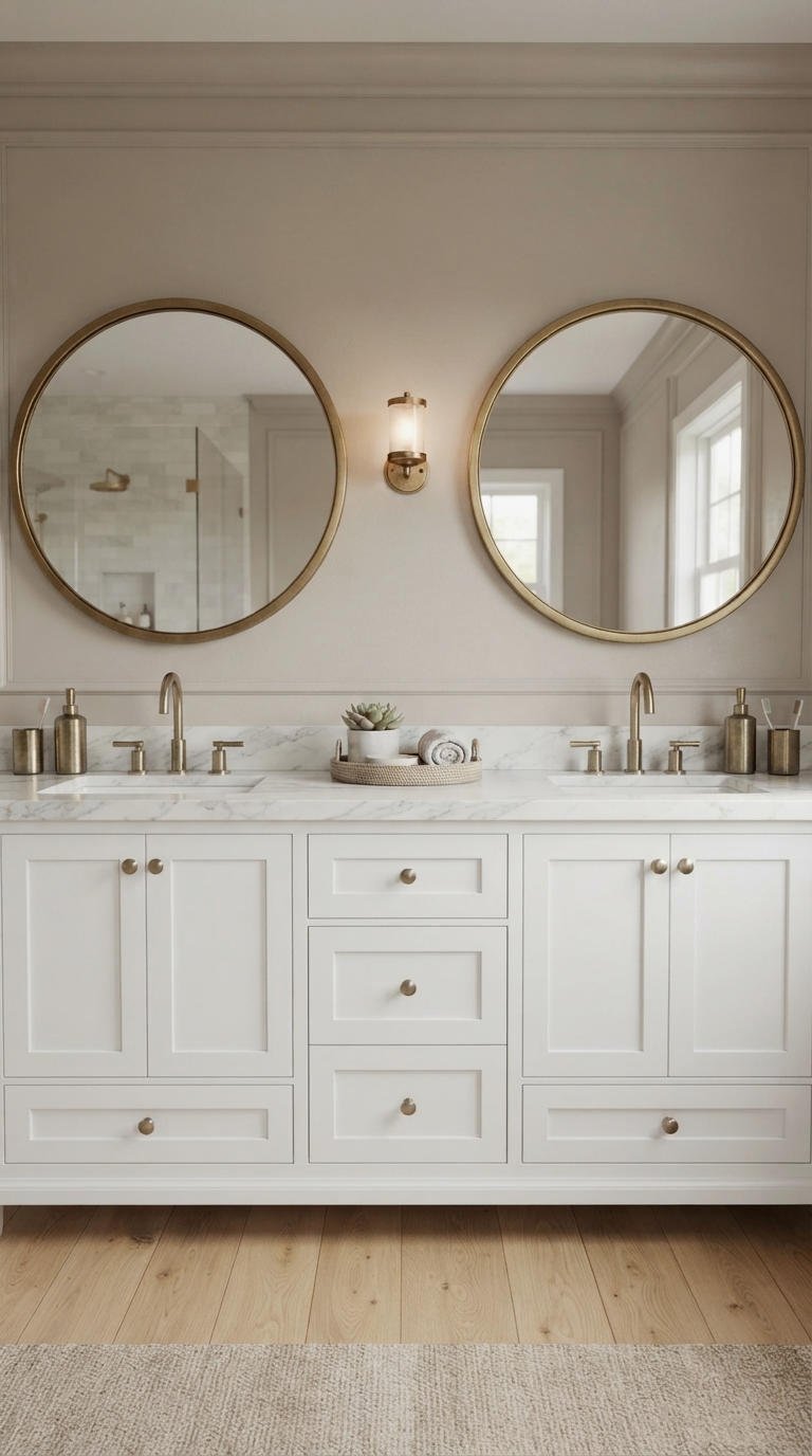 22. Two Round Mirrors Above Double Sinks