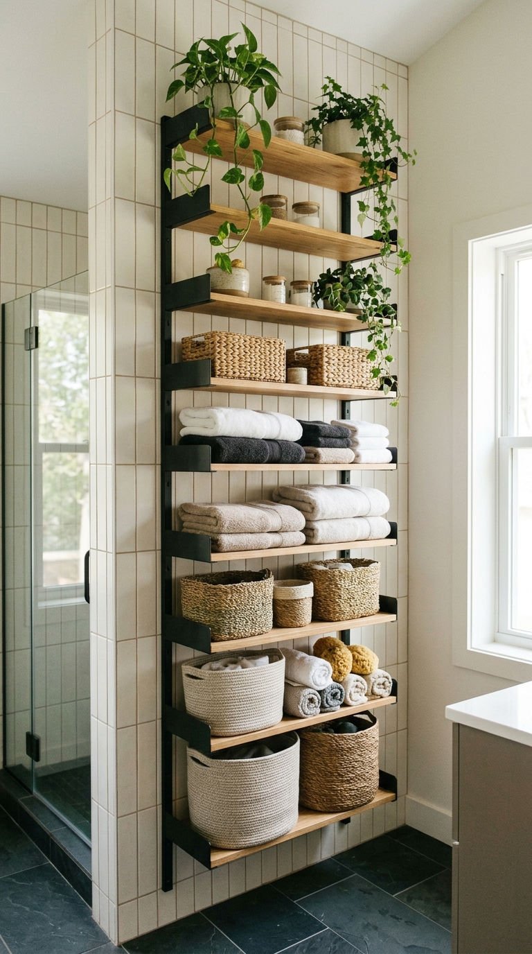 24 Bathroom Wall Shelves Ideas That Will Transform Your Space 23 23. Vertical Shelf Towers For Height