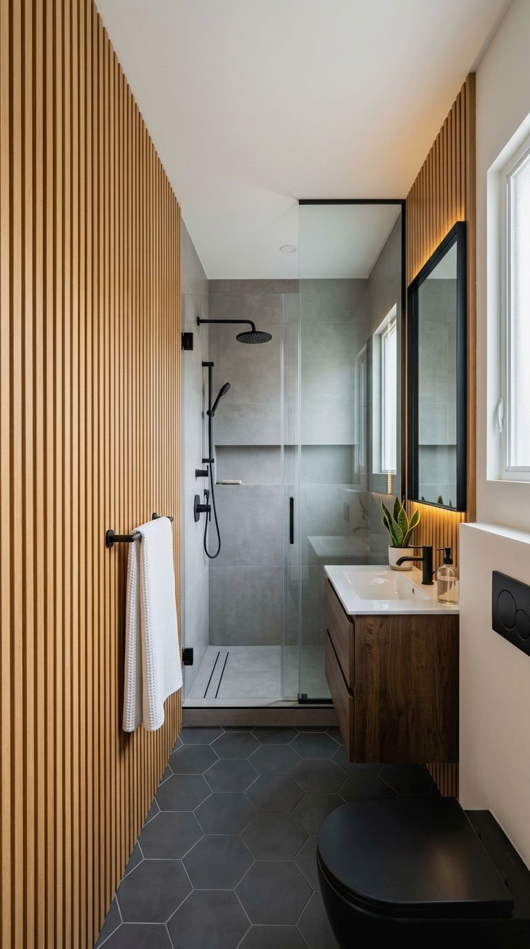 21 Wood Slat Wall Bathroom Ideas That Turn a Boring Room Into a Spa 5 5. Vertical Wood Slat Wall for Bathrooms