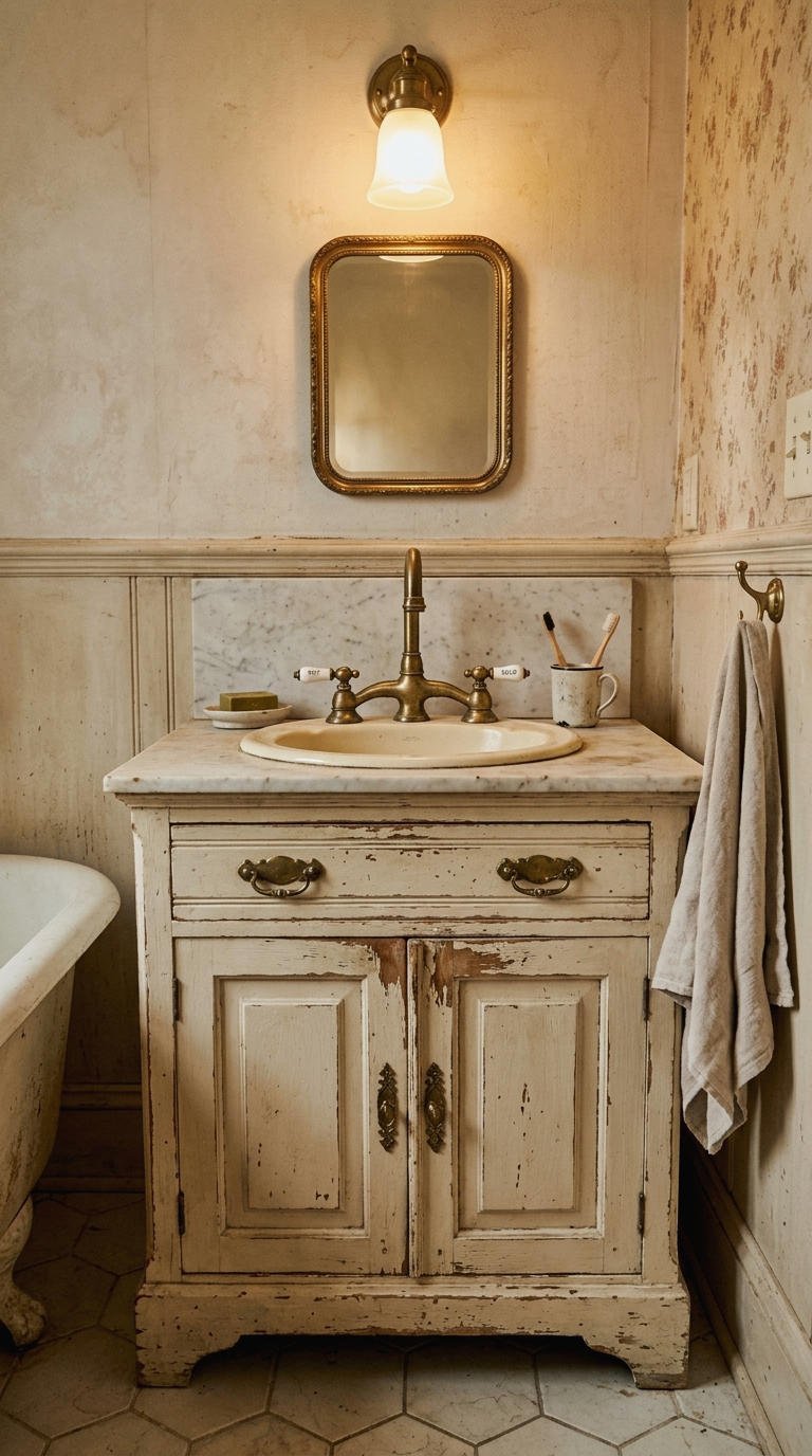 15. Vintage Farmhouse Bathroom Vanity Charm