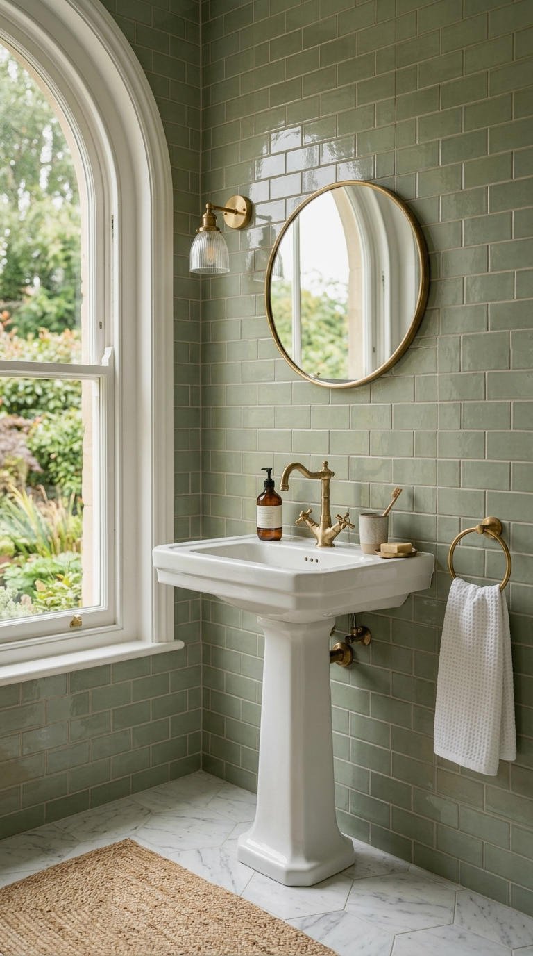 20. Vintage Green Pedestal Sink Bathroom