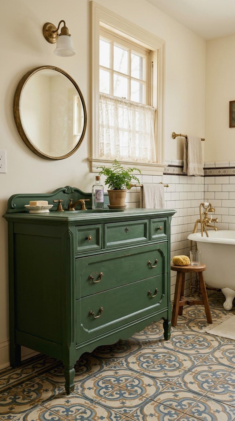 17. Vintage Green Vanity Restoration Style