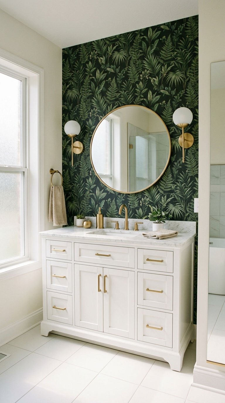 18 Bathroom Accent Wall Ideas That Actually Work 1 1. Wallpaper Accent Walls for Bathrooms