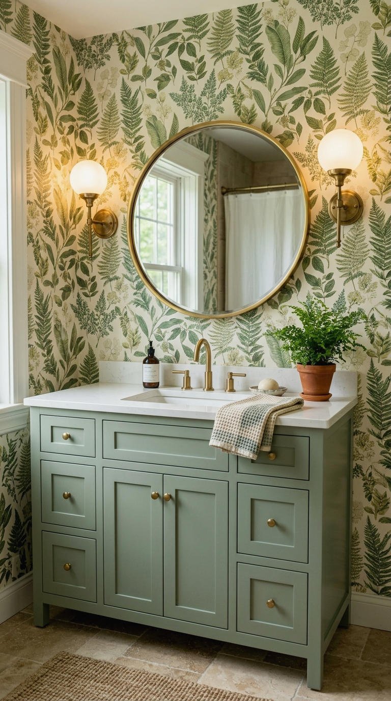 15. Wallpaper Behind a Green Vanity