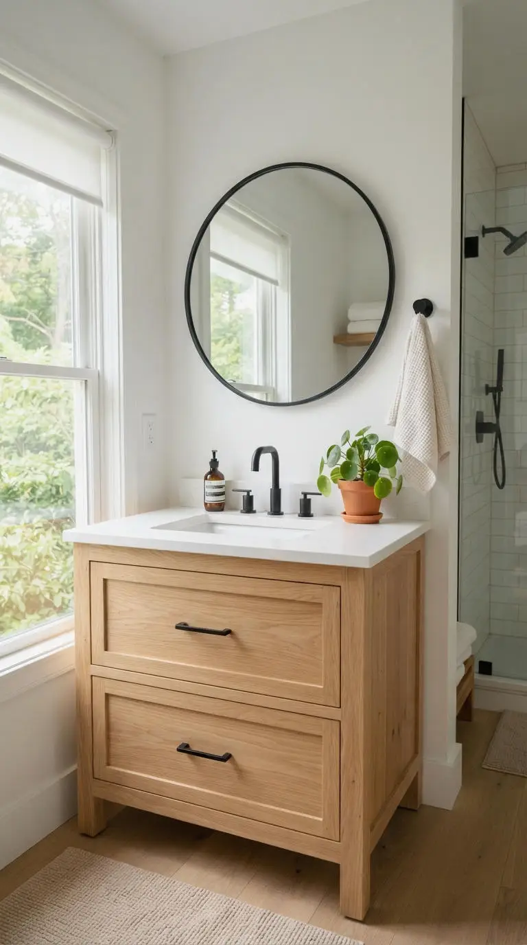 1. Warm Natural Wood Bathroom Vanity