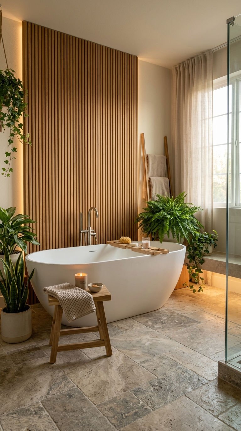 18 Bathroom Accent Wall Ideas That Actually Work 8 8. Warm Wood Accent Wall Bathrooms