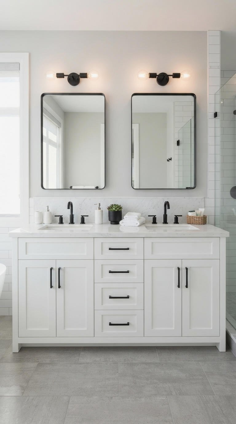 17. White Vanity with Black Hardware Pop