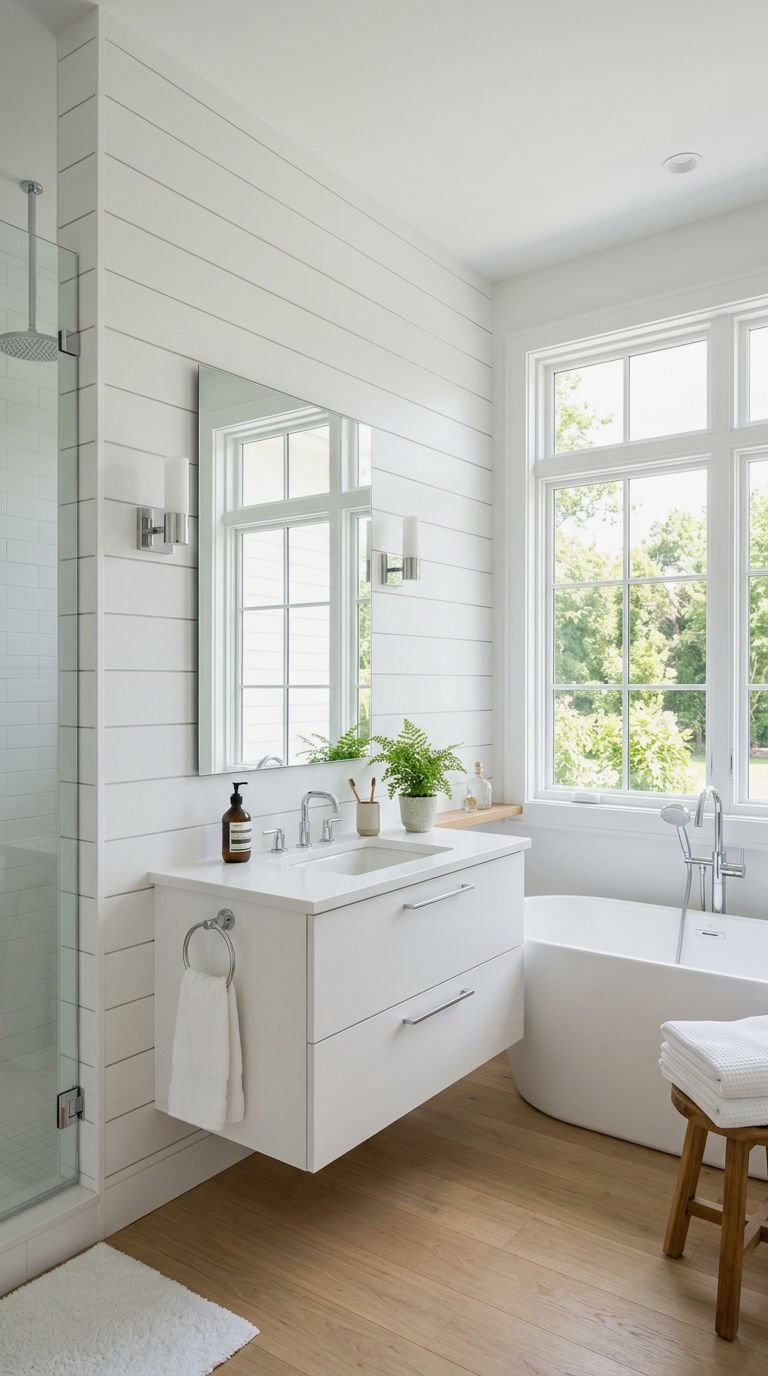 21 Wood Slat Wall Bathroom Ideas That Turn a Boring Room Into a Spa 9 9. White Wood Slat Wall Bathroom Style