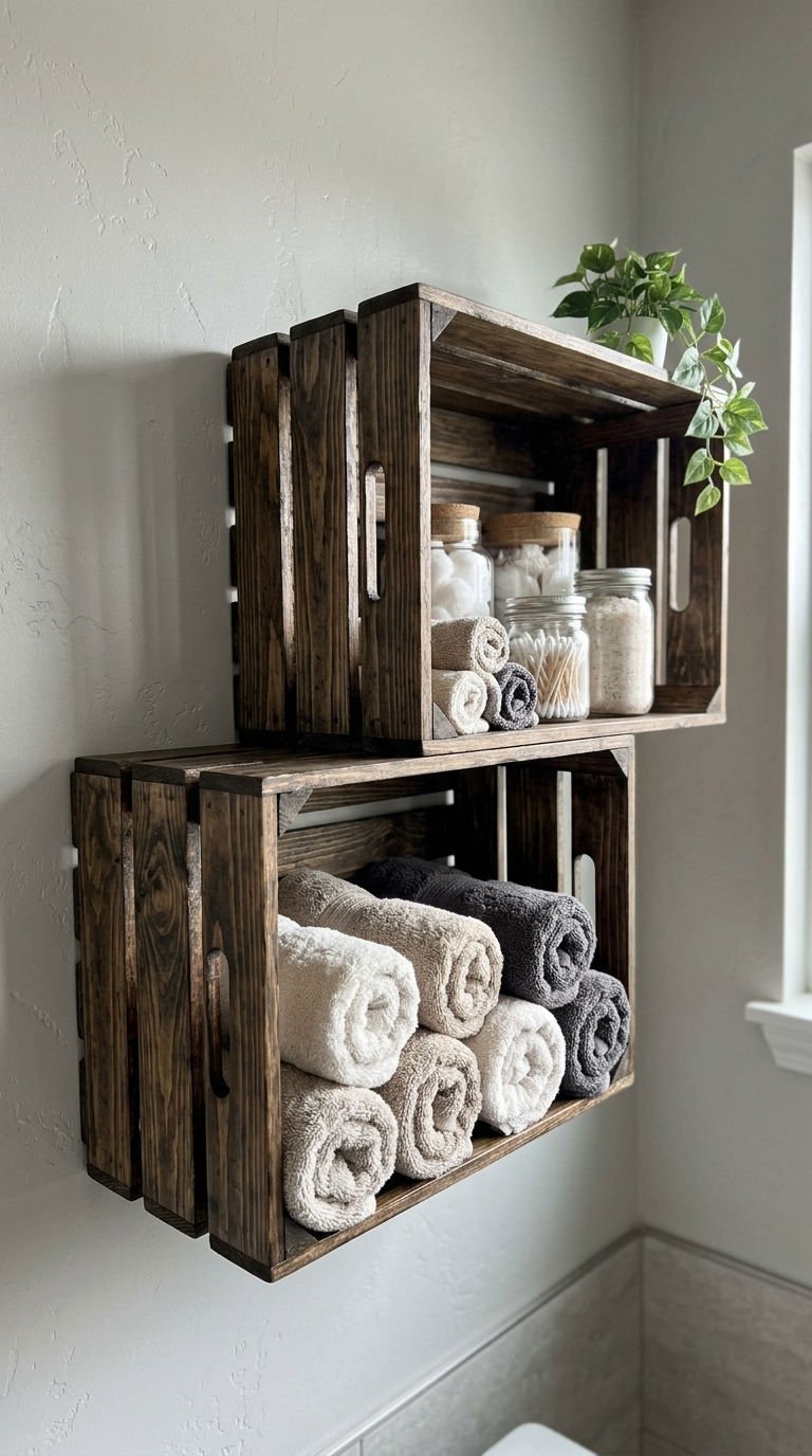 24 Bathroom Wall Shelves Ideas That Will Transform Your Space 17 17. Wood Crate Shelves You Can Build