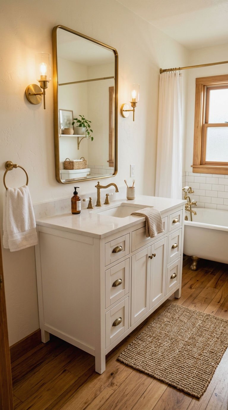 14. Wood Floors with White Vanities