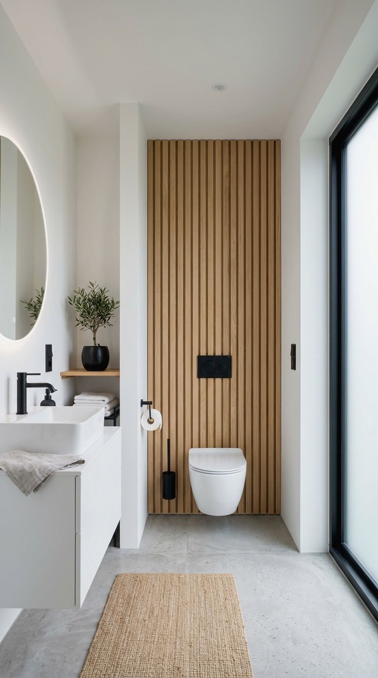 21 Wood Slat Wall Bathroom Ideas That Turn a Boring Room Into a Spa 2 2. Wood Slat Accent Wall for Bathrooms