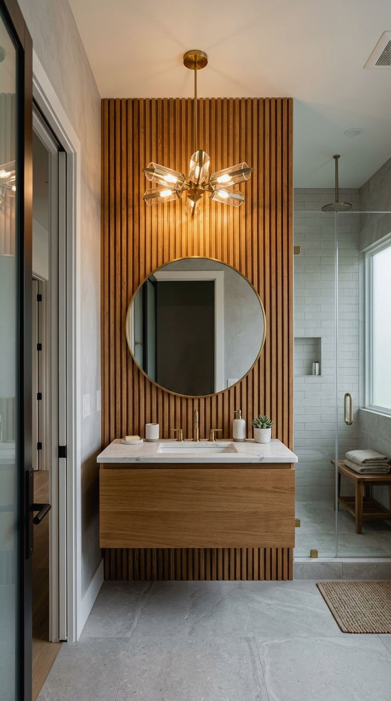21 Wood Slat Wall Bathroom Ideas That Turn a Boring Room Into a Spa 16 16. Wood Slat Feature Wall for Bathrooms
