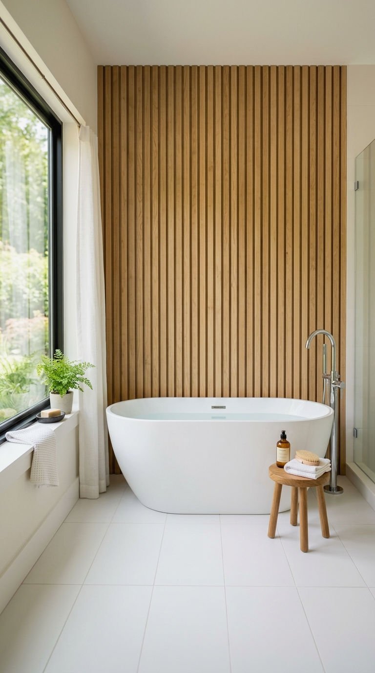 21 Wood Slat Wall Bathroom Ideas That Turn a Boring Room Into a Spa 1 1. Wood Slat Wall Bathroom Inspiration