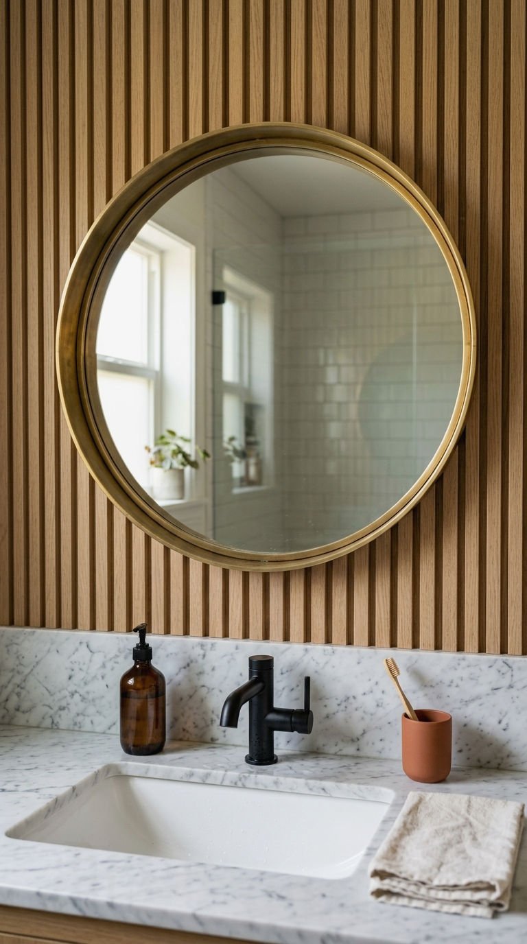 21 Wood Slat Wall Bathroom Ideas That Turn a Boring Room Into a Spa 3 3. Wood Slat Wall Behind Bathroom Mirror