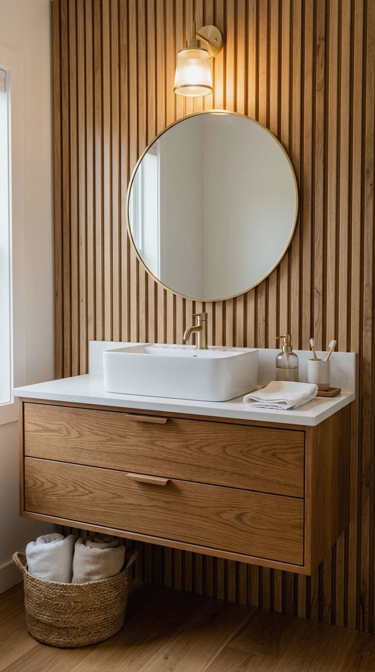 21 Wood Slat Wall Bathroom Ideas That Turn a Boring Room Into a Spa 4 4. Wood Slat Wall Behind Bathroom Vanity
