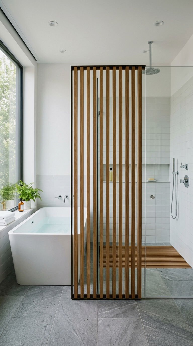 21 Wood Slat Wall Bathroom Ideas That Turn a Boring Room Into a Spa 15 15. Wood Slat Wall Divider for Bathrooms