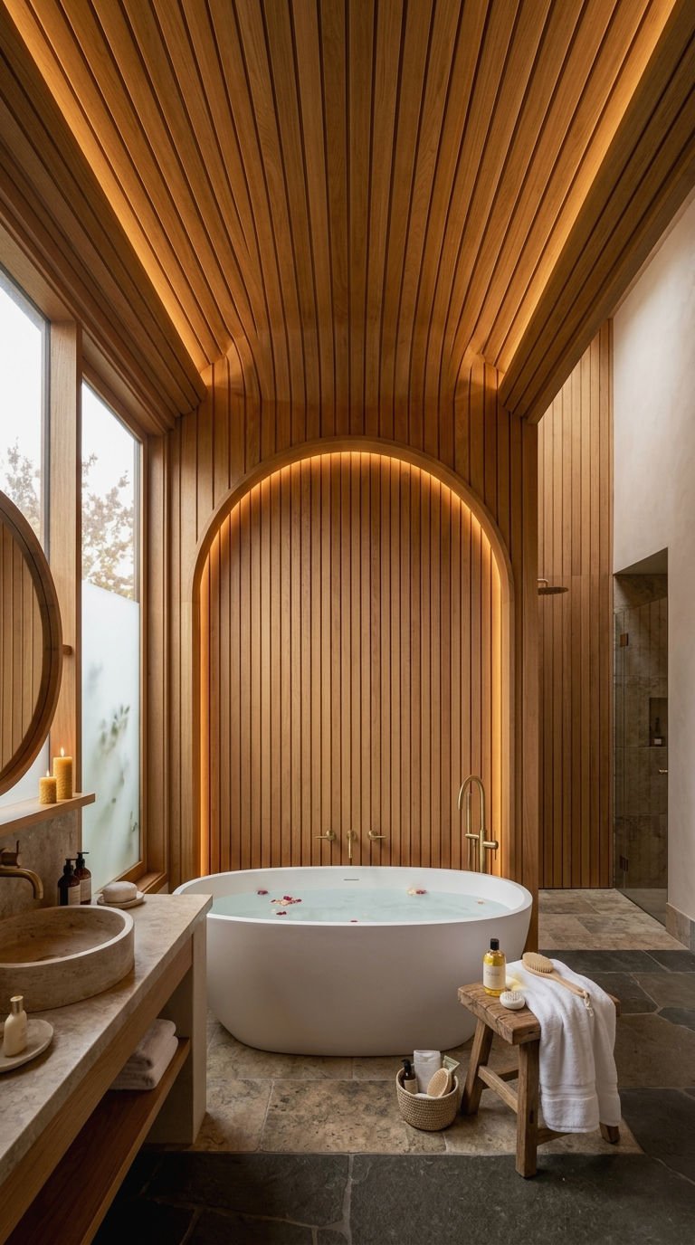 21 Wood Slat Wall Bathroom Ideas That Turn a Boring Room Into a Spa 13 13. Wood Slat Wall and Ceiling Combo