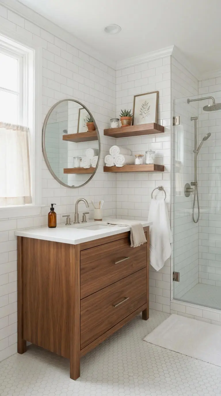13. Wood Vanity in a White Bathroom