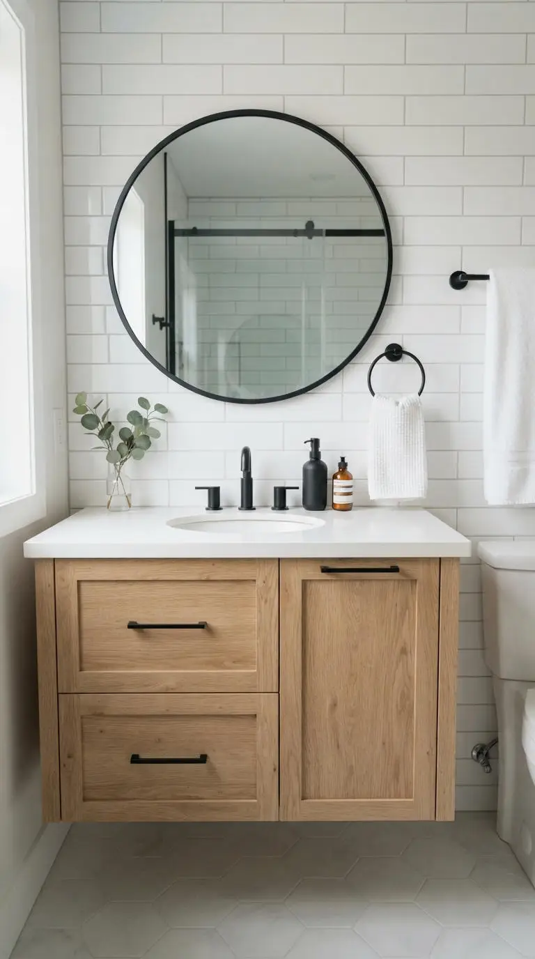 6. Wood Vanity with Black Hardware