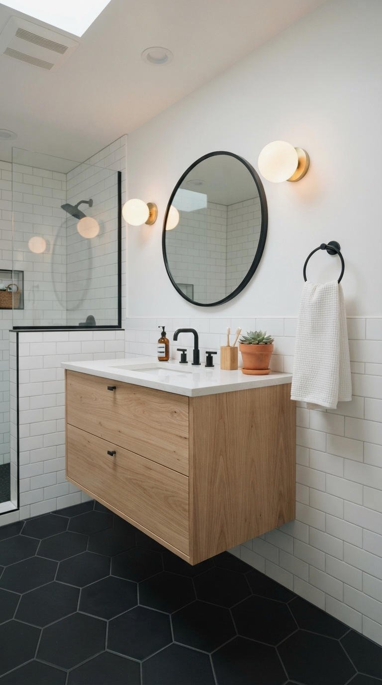 27. Wood Vanity with Dark Tile Floor