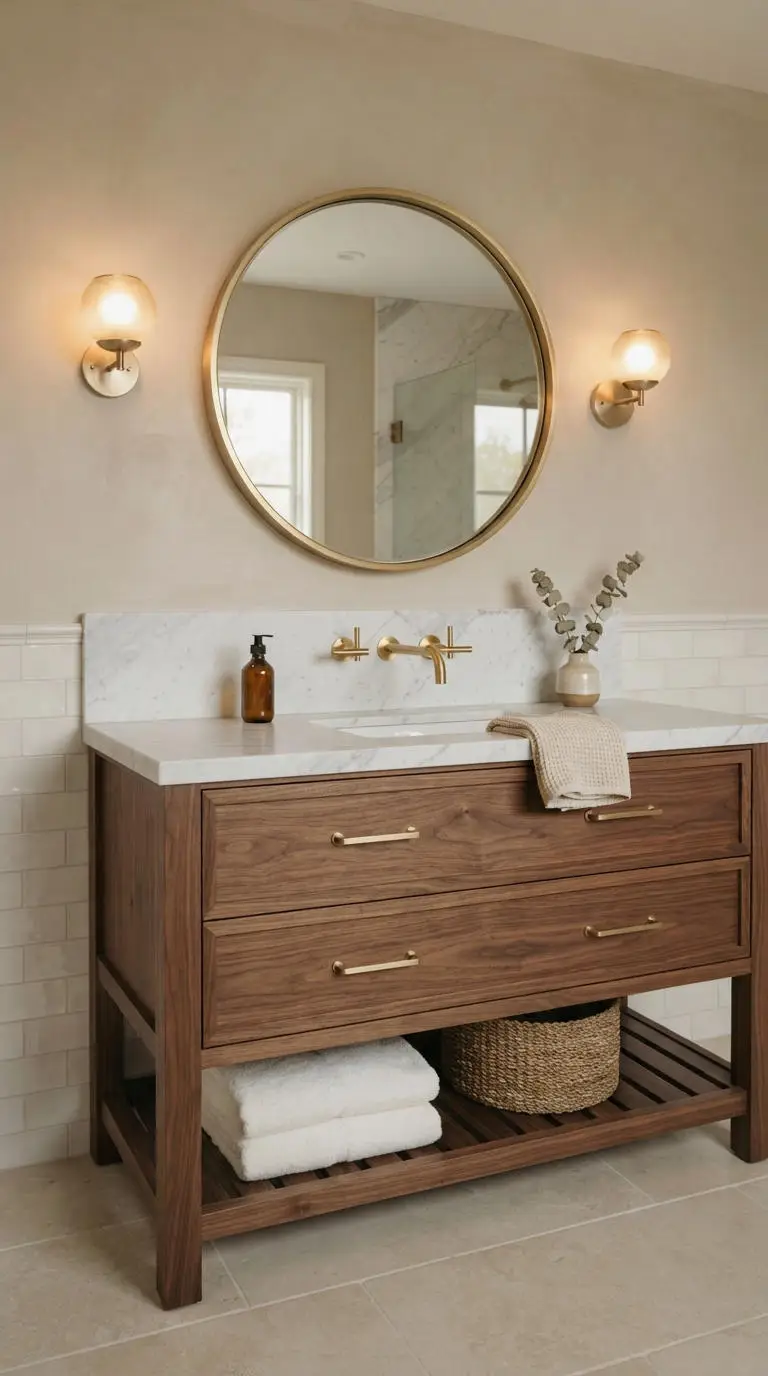 7. Wood Vanity with Gold Hardware