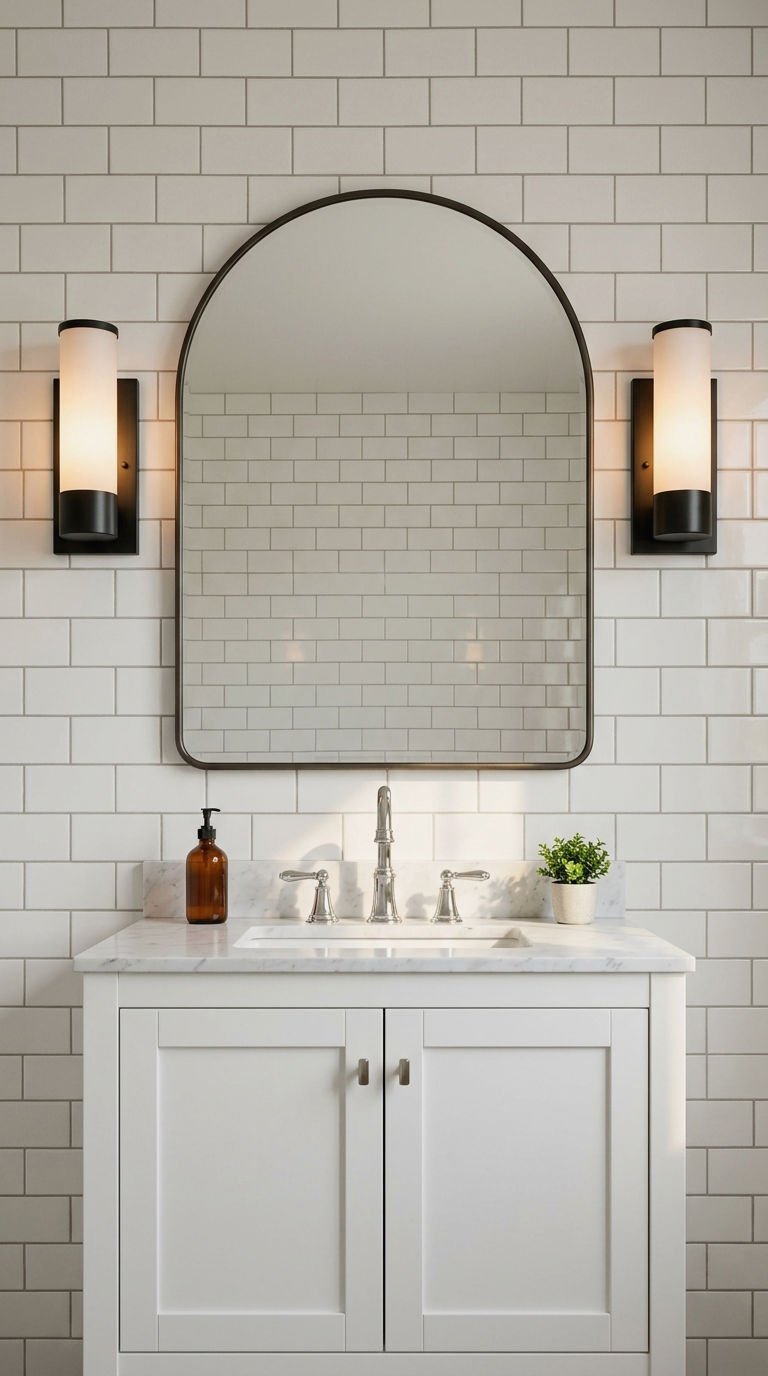 5. Arched Bathroom Mirror With Sconces