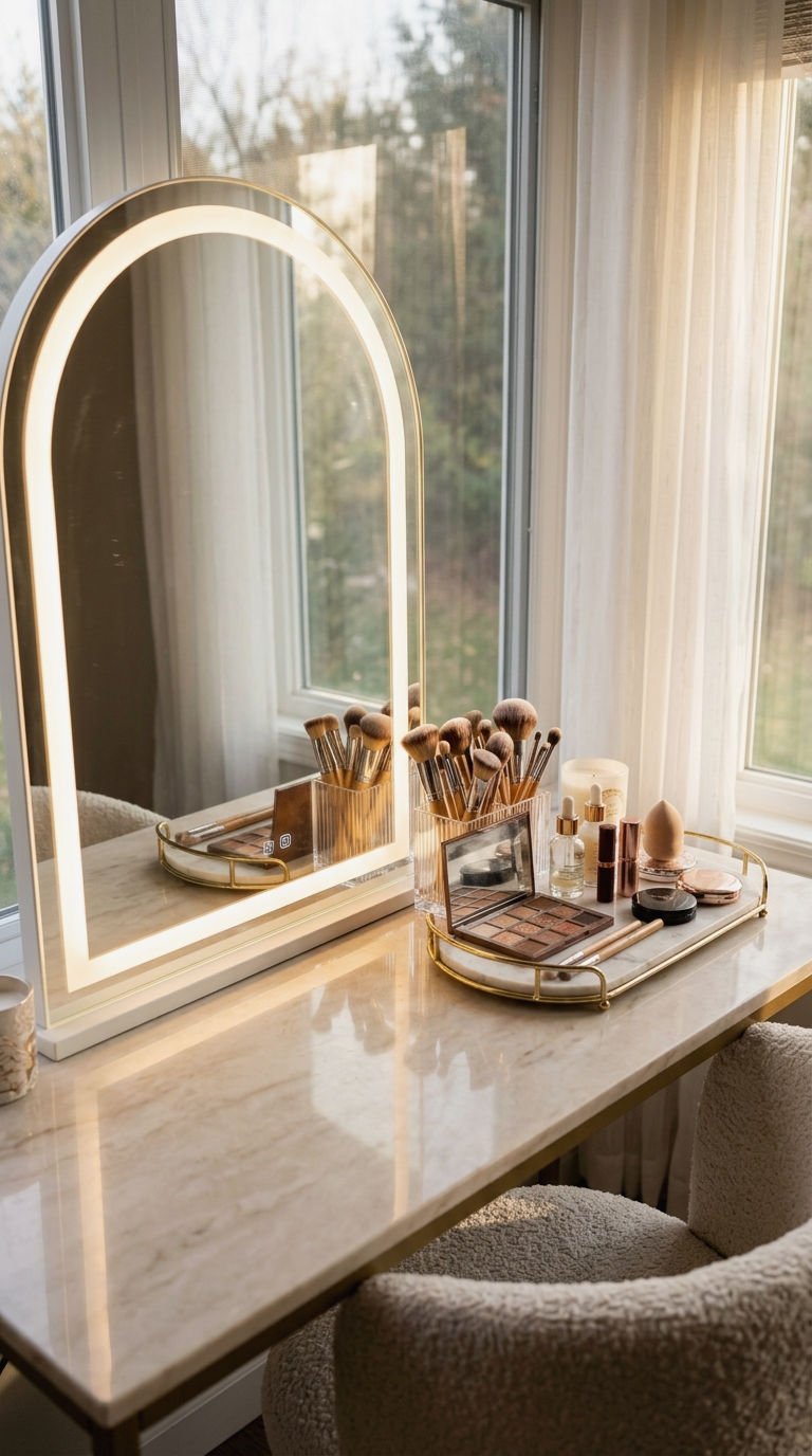7. Arched LED Vanity Mirror Makeup Station