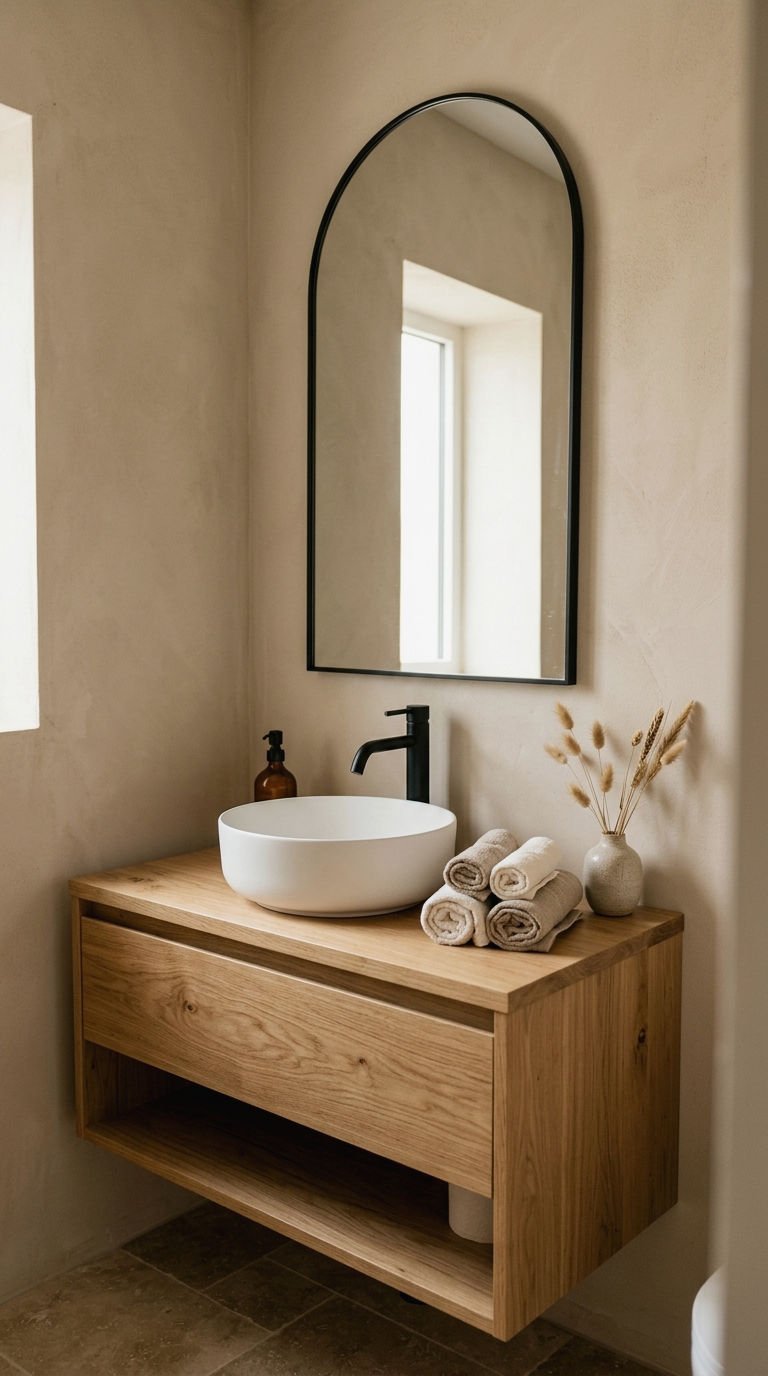 20 Oversized Bathroom Mirror Ideas to Make a Small Bathroom Look Bigger 4 4. Arched Mirror for Soft Height