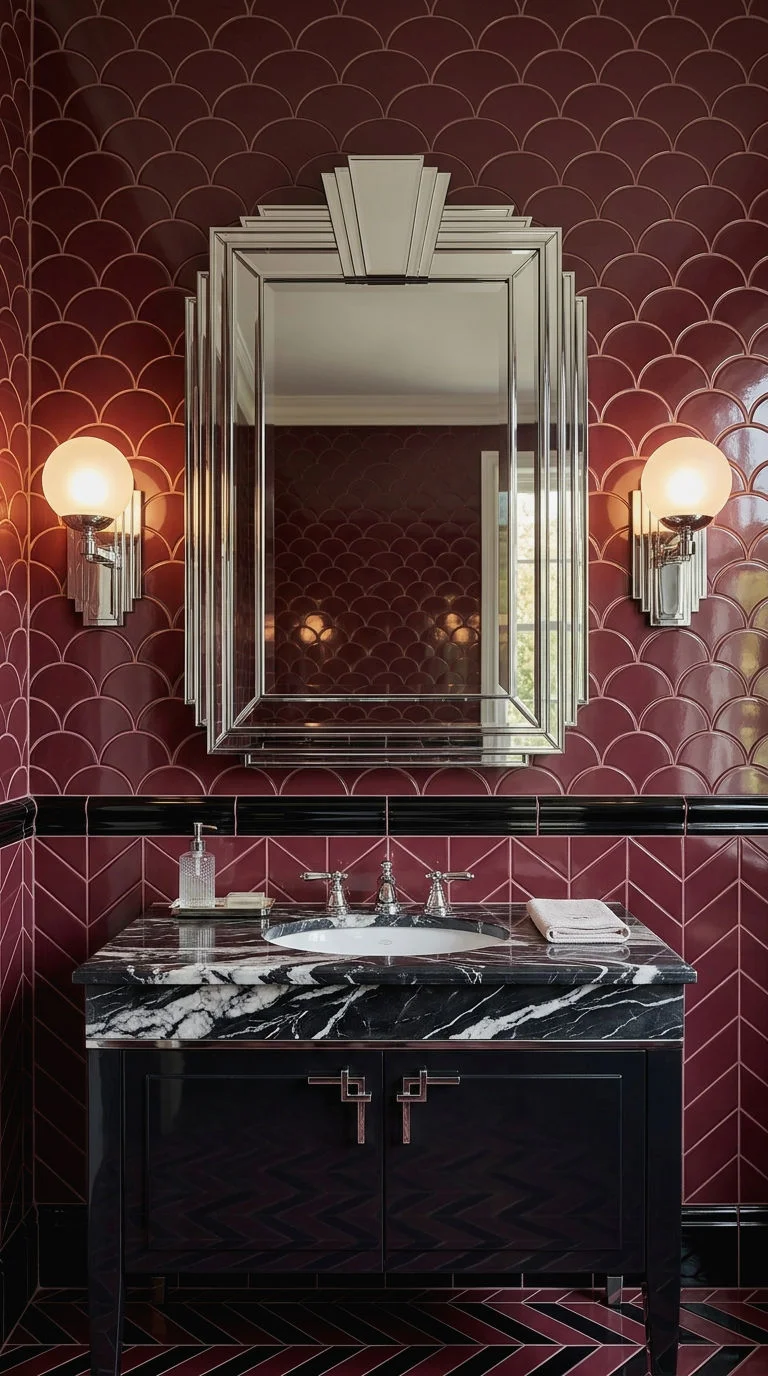 7. Art Deco Burgundy Tile Bathroom