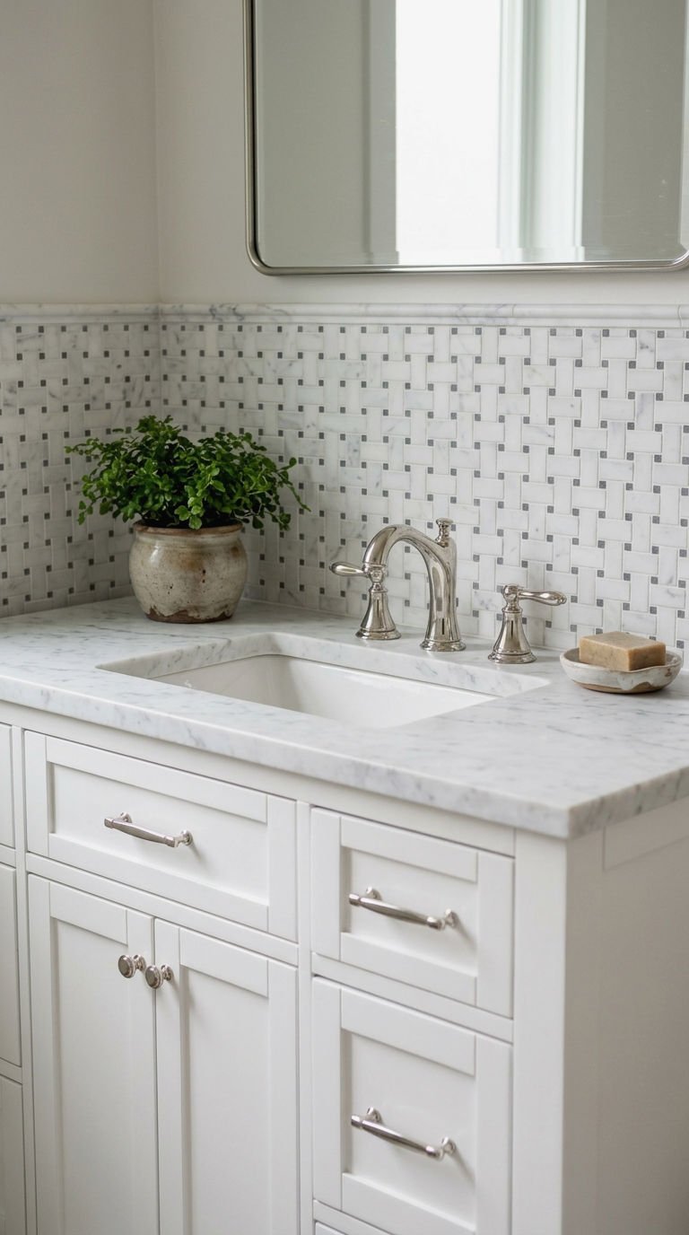 12. Basketweave Backsplash Behind the Vanity