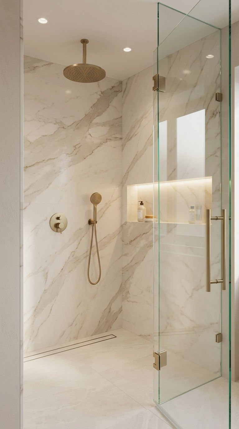 23 Beige Bathroom Tile Ideas for a Warm Neutral Retreat 3 3. Beige Marble Look Shower Surround