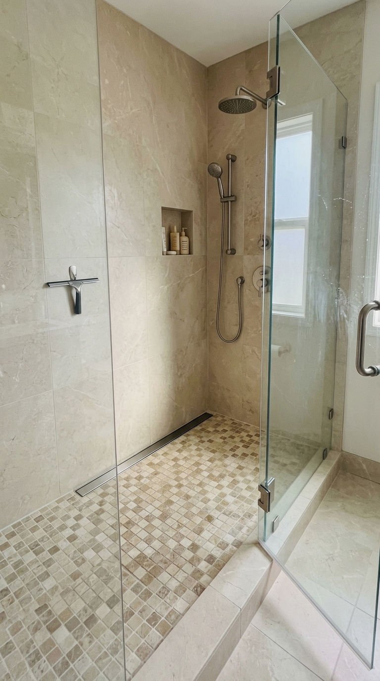 23 Beige Bathroom Tile Ideas for a Warm Neutral Retreat 11 11. Beige Mosaic Tile Shower Floor