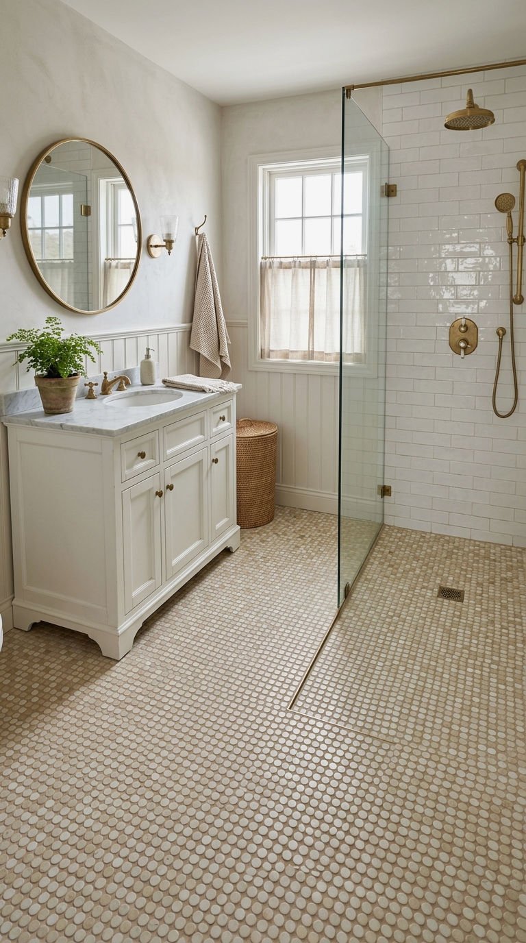 23 Beige Bathroom Tile Ideas for a Warm Neutral Retreat 20 20. Beige Penny Round Tile Charm