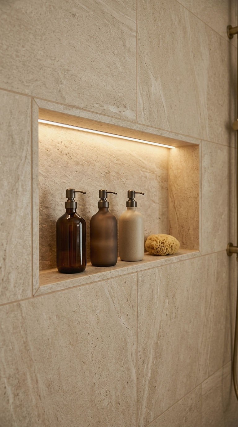 23 Beige Bathroom Tile Ideas for a Warm Neutral Retreat 23 23. Beige Stone Tile Shower Niche